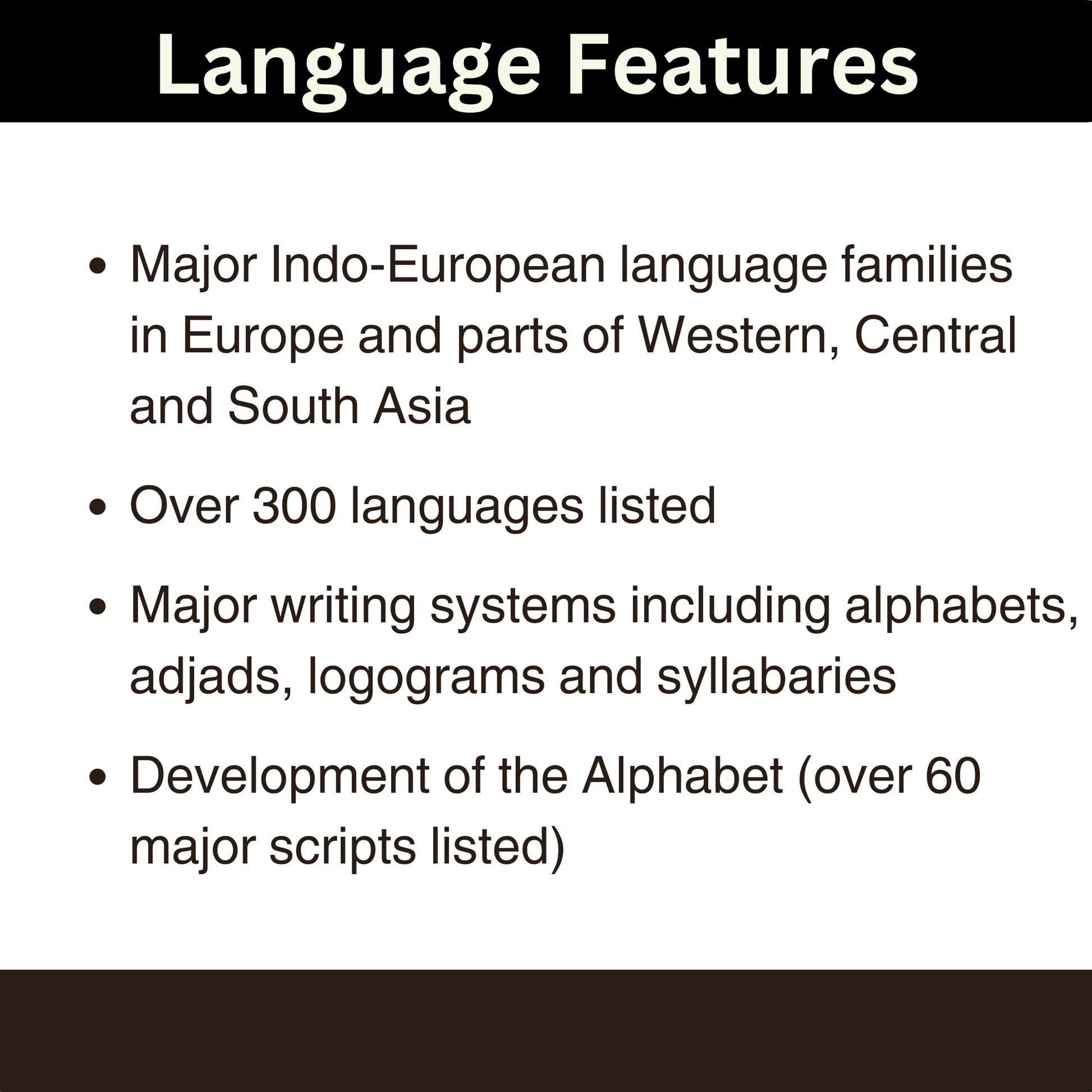 Main features of the Major Indo-European language families and Major writing systems.