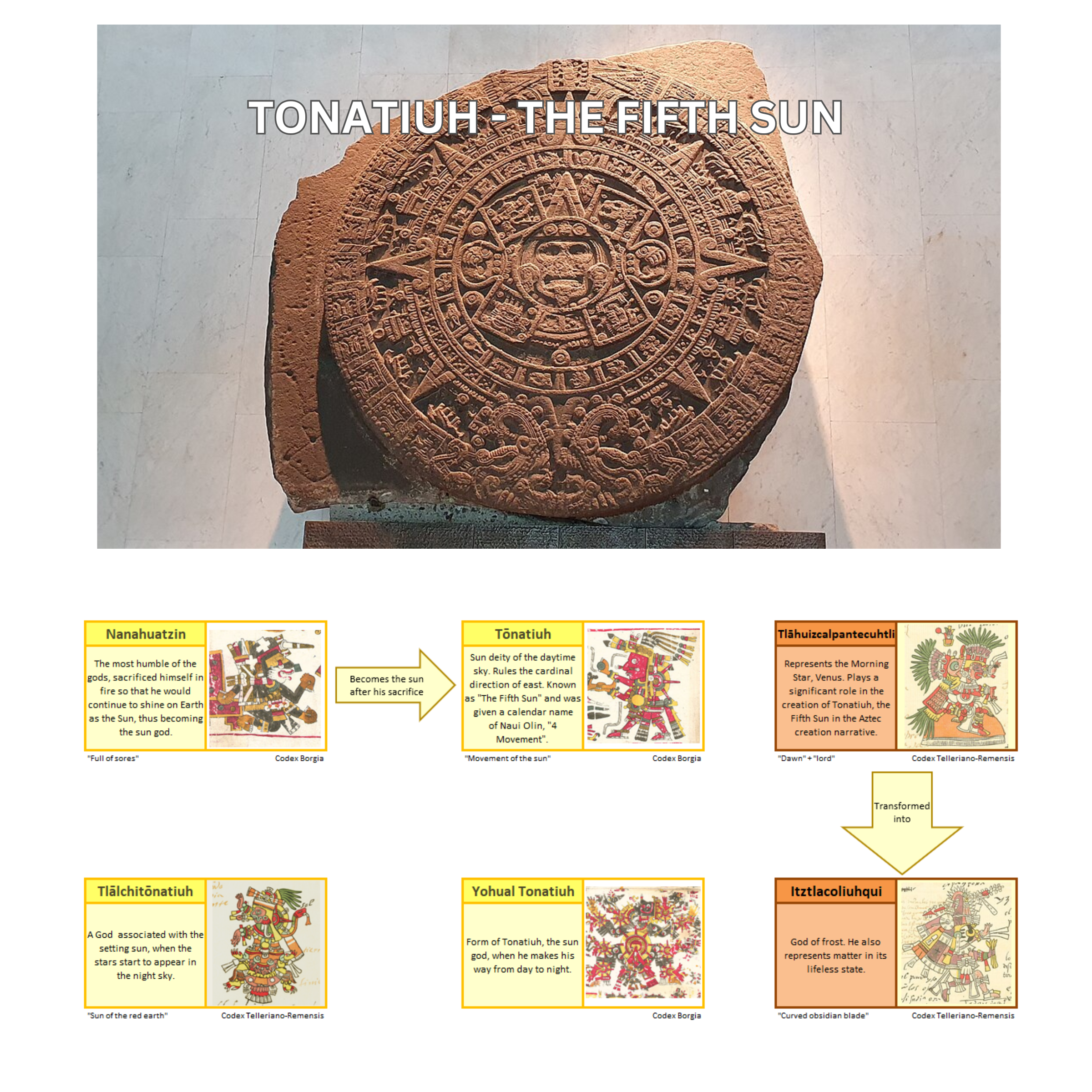 Image of the Aztec Sun Stone along with the accompanying section of the Family Tree.